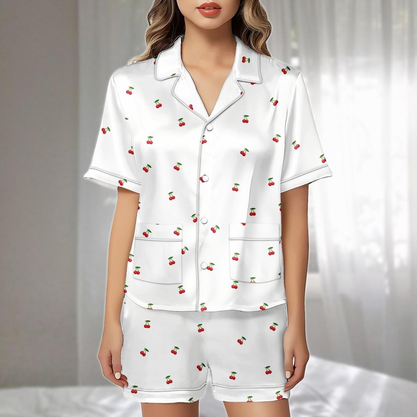 Cherry Satin Pajama Short Set, Cute Fruit Summer Sleepwear, Cute Matching Pjs Nightwear, Nature Lovers Holiday Pj Set, Gift For Her