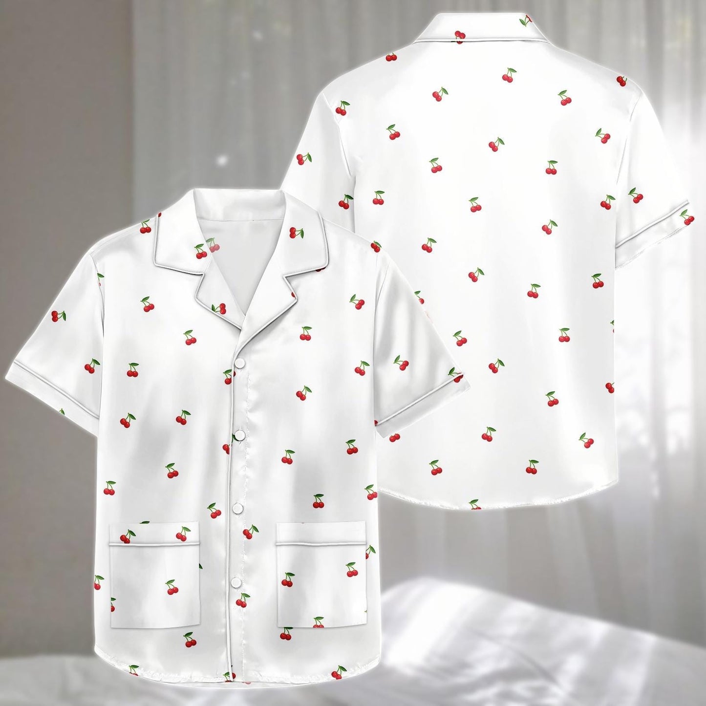 Cherry Satin Pajama Short Set, Cute Fruit Summer Sleepwear, Cute Matching Pjs Nightwear, Nature Lovers Holiday Pj Set, Gift For Her