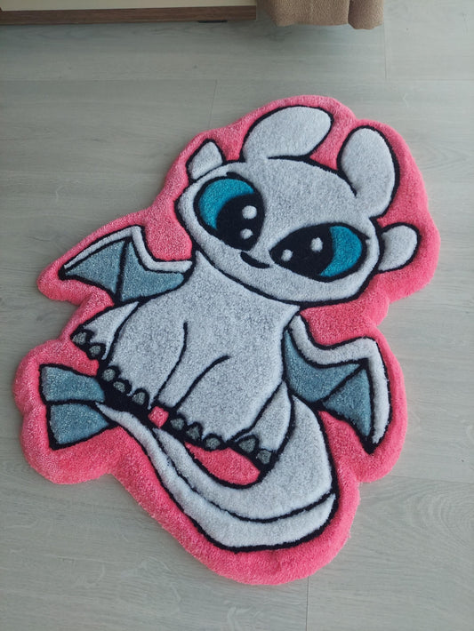 Hand Tufted Dragon Rug for Kids Room – Cute White Cartoon Dragon Mat with Blue Eyes – Soft Tufted Nursery Decor or Gift Idea
