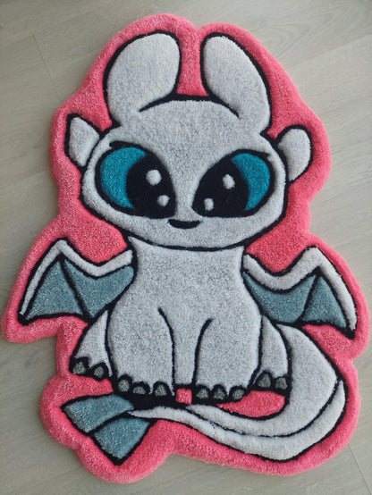 Hand Tufted Dragon Rug for Kids Room – Cute White Cartoon Dragon Mat with Blue Eyes – Soft Tufted Nursery Decor or Gift Idea