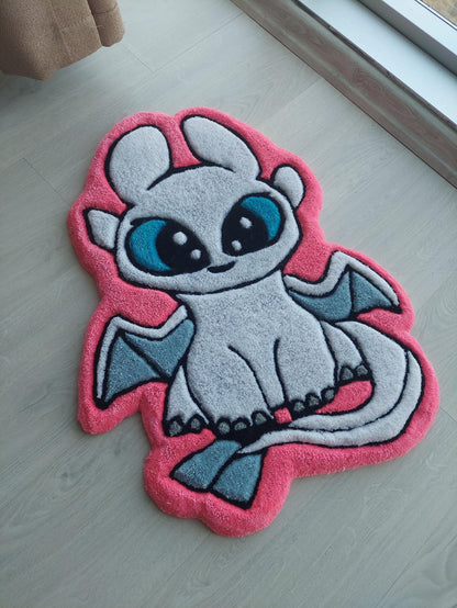 Hand Tufted Dragon Rug for Kids Room – Cute White Cartoon Dragon Mat with Blue Eyes – Soft Tufted Nursery Decor or Gift Idea