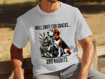 Funny Beagle T-Shirt: Will Sniff for Snacks and Rabbits