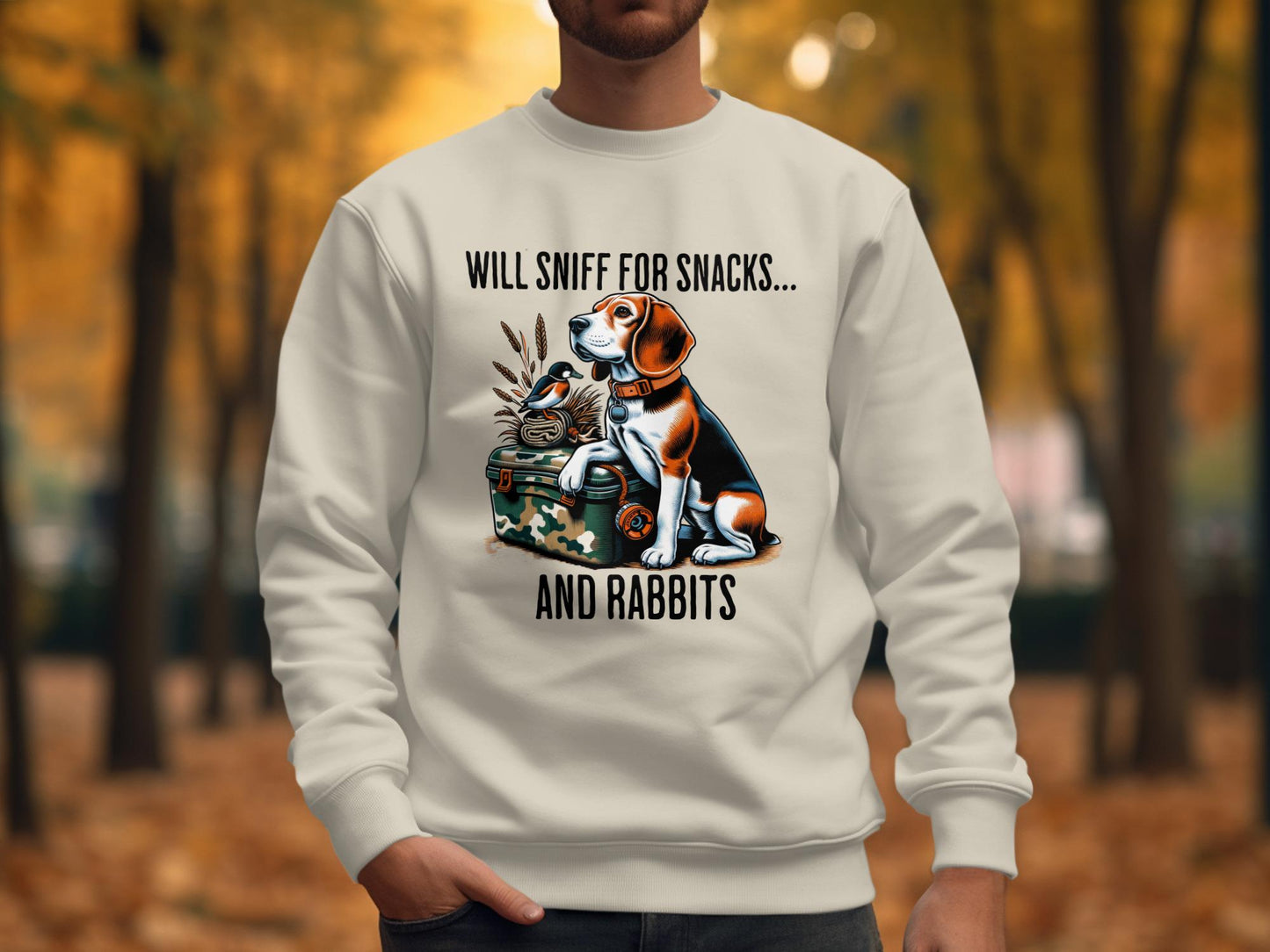 Funny Beagle T-Shirt: Will Sniff for Snacks and Rabbits