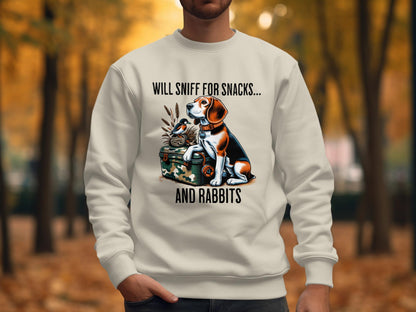 Funny Beagle T-Shirt: Will Sniff for Snacks and Rabbits
