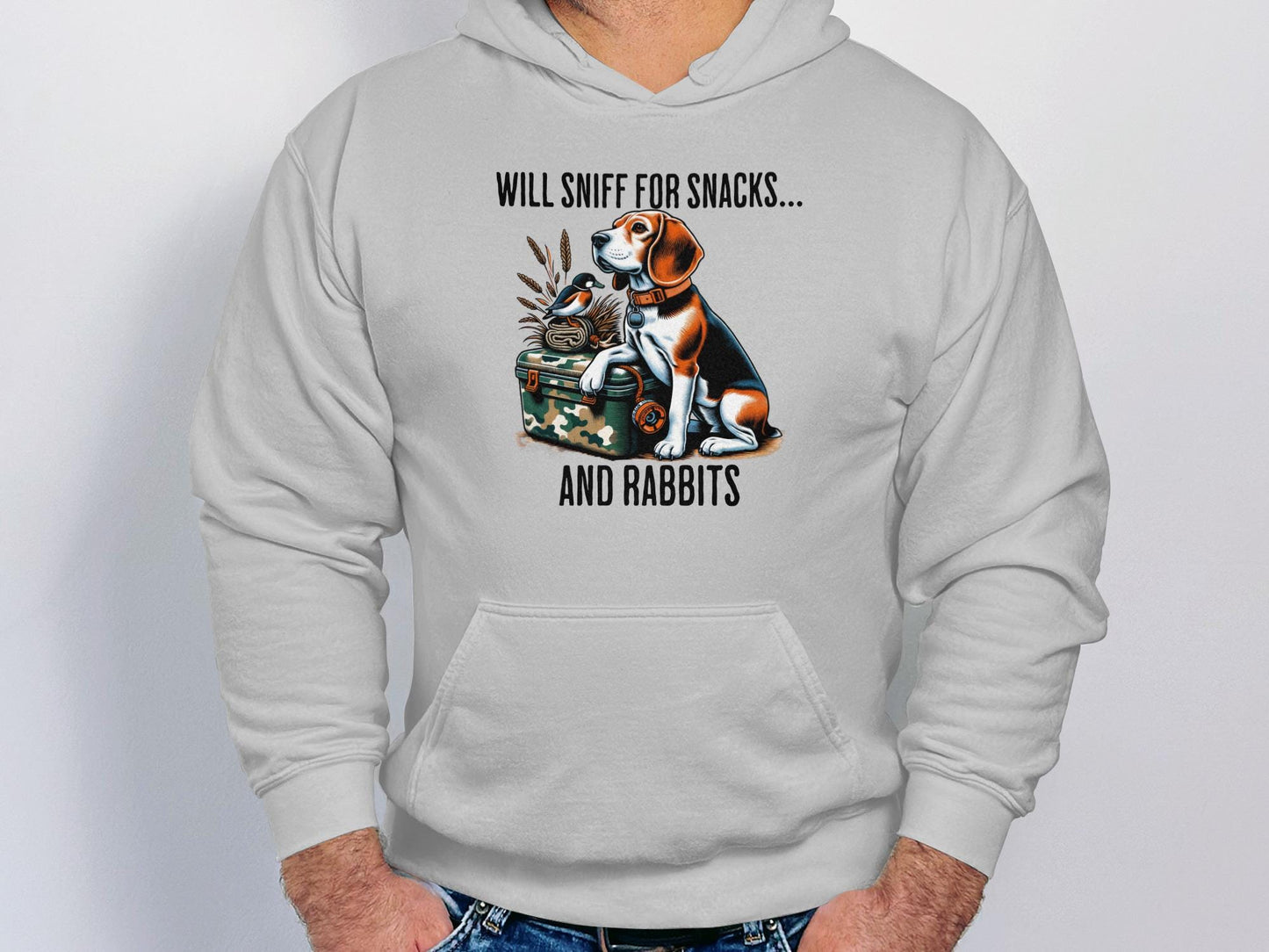 Funny Beagle T-Shirt: Will Sniff for Snacks and Rabbits