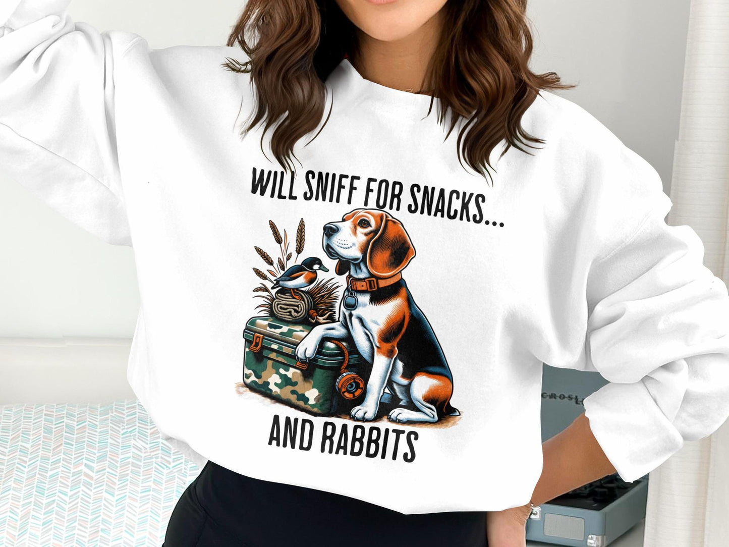 Funny Beagle T-Shirt: Will Sniff for Snacks and Rabbits