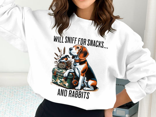 Funny Beagle T-Shirt: Will Sniff for Snacks and Rabbits