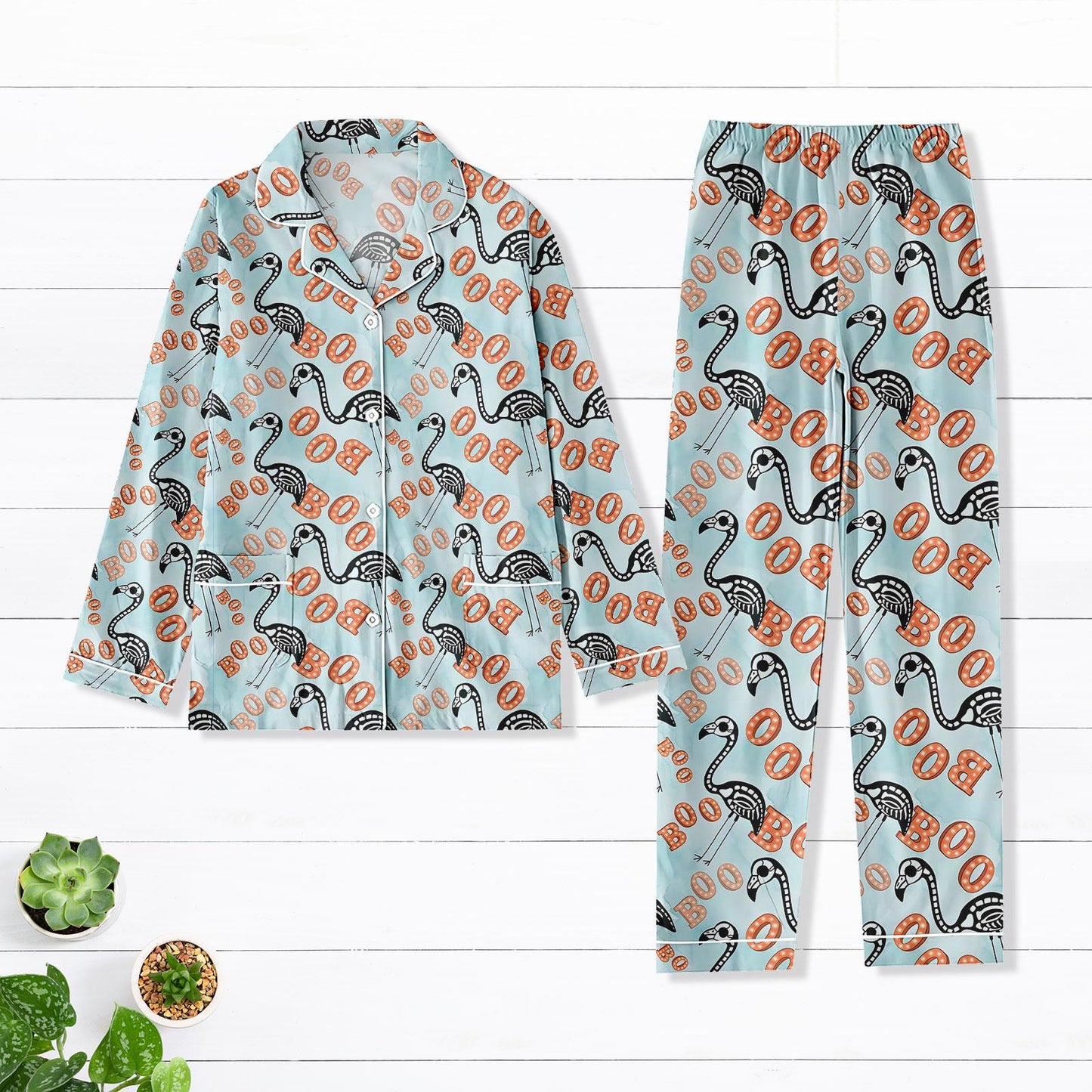 Flamingo Skeleton Pajamas Set, Funny Halloween Sleepwear For Women, Spooky Bird Print Matching Pajamas Family, Cute Flamingo Boo Pajama