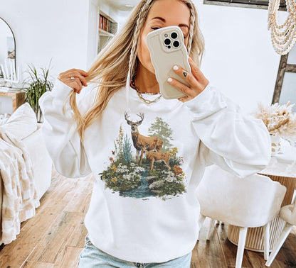 Retro Buck & Doe Deer Summer Scene Sweatshirt - 90s Cute Mammals Wildflower Nature Gift - Wildlife Watcher - Boho Unisex Crewneck Sweatshirt