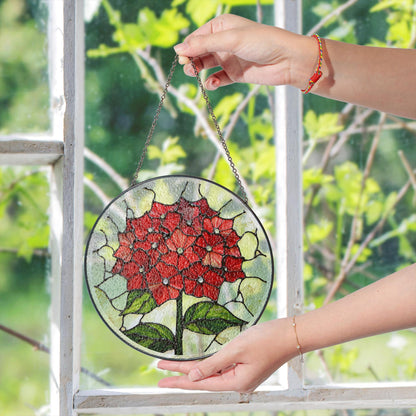 Red Hydrangea Flower Stained Glass Round Suncatcher for Garden Gift