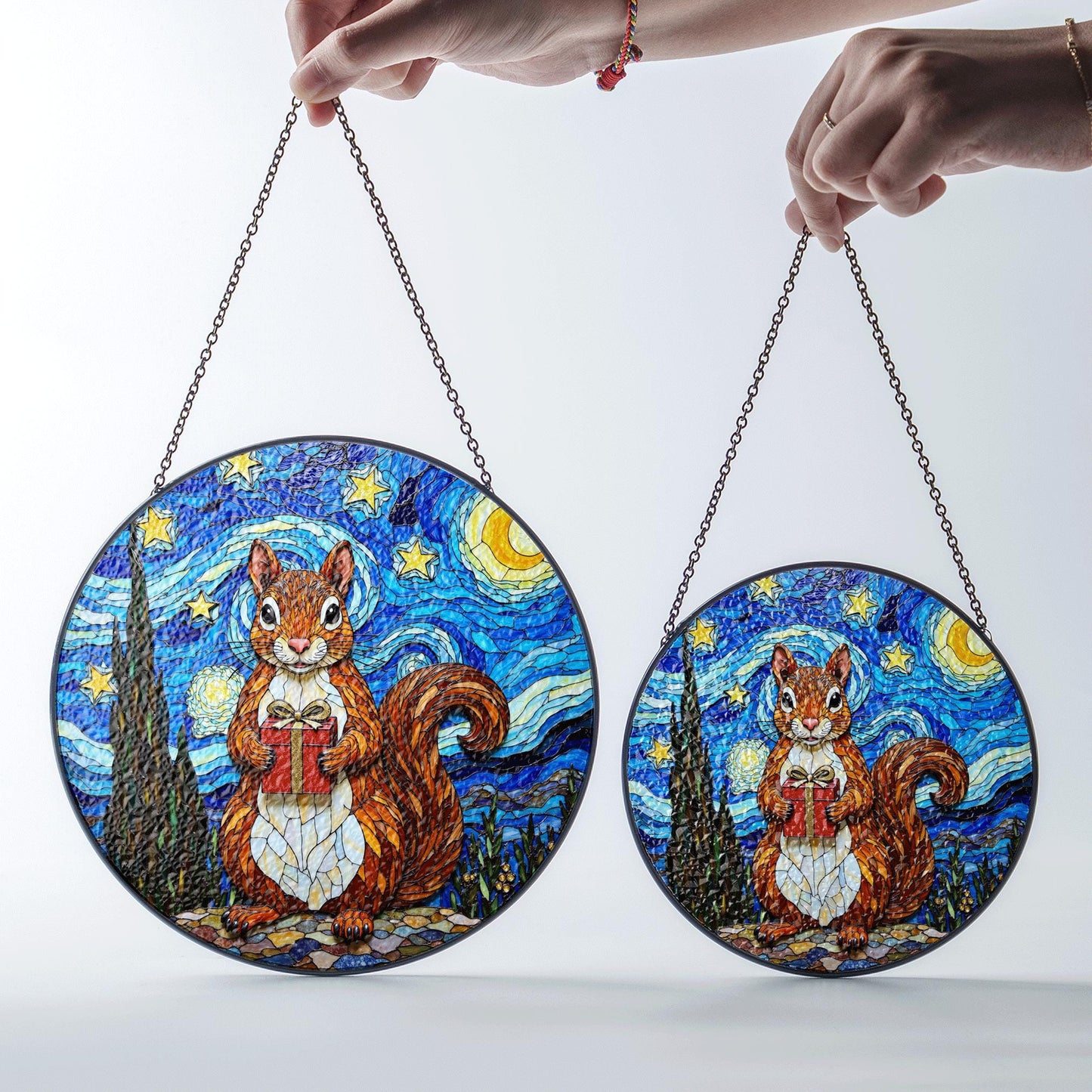 cute squirrel with gift night sky suncatcher stained glass animal decor gift for daughter