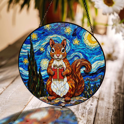 cute squirrel with gift night sky suncatcher stained glass animal decor gift for daughter