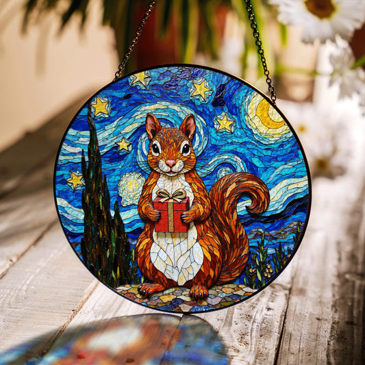 cute squirrel with gift night sky suncatcher stained glass animal decor gift for daughter