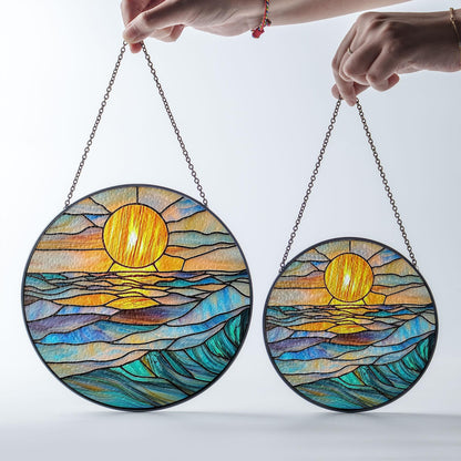 Round Stained Glass Suncatcher – Ocean Sunset with Glowing Sun, Waves in Blue, Aqua & Gold Tones – Coastal Window Hanging Art
