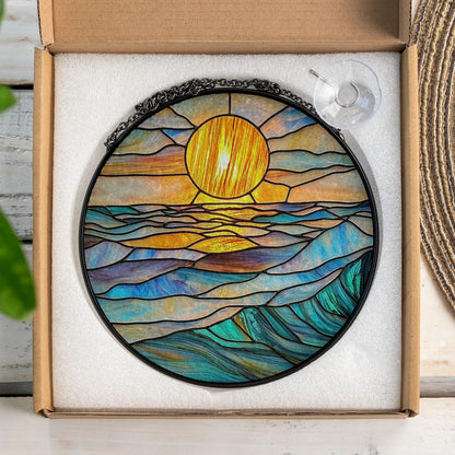 Round Stained Glass Suncatcher – Ocean Sunset with Glowing Sun, Waves in Blue, Aqua & Gold Tones – Coastal Window Hanging Art