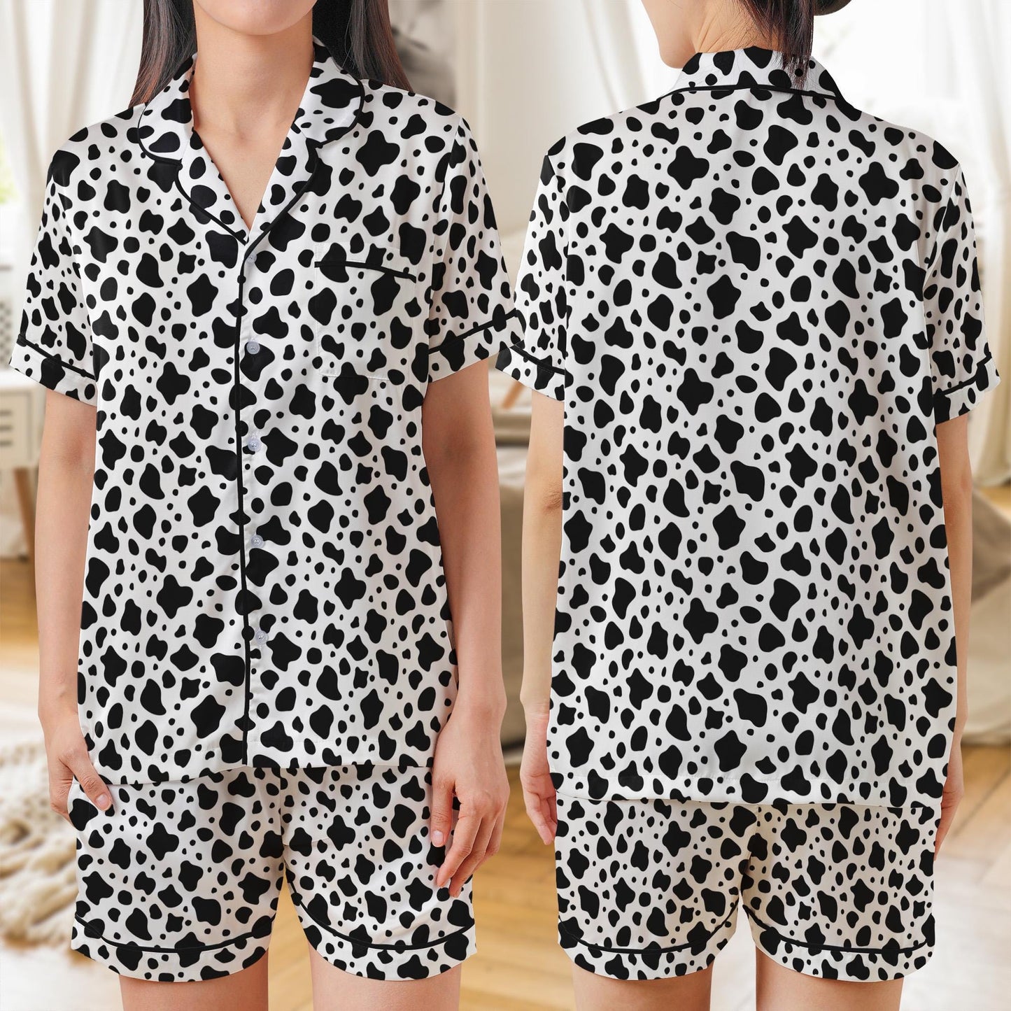 Cow Print AOP Satin Short-Sleeve Pajamas Set, Cute Farm Animal Sleepwear for Women, Funny Cow Lover Loungewear Gift