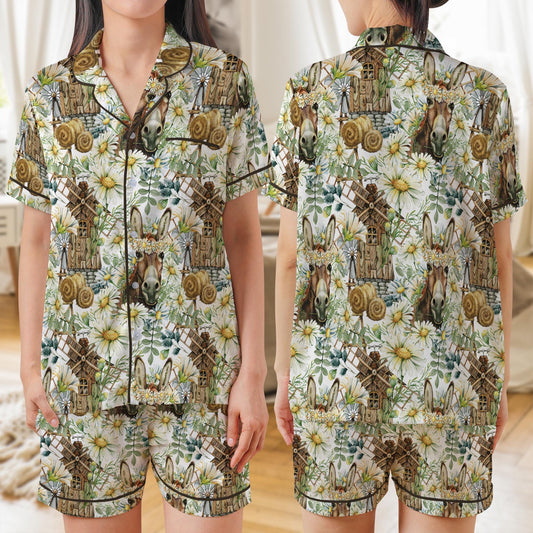 Donkey in Nature with Windmill AOP Satin Short-Sleeve Pajamas Set, Farm Animal Sleepwear for Women, Country Rustic Loungewear Gift