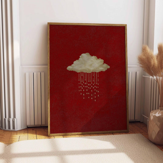 Minimalist Rain Cloud Poster, Moody Gothic Wall Art, Rustic Red Print, Dark Academia Decor, Cloud Aesthetic Artwork, Textured Artwork