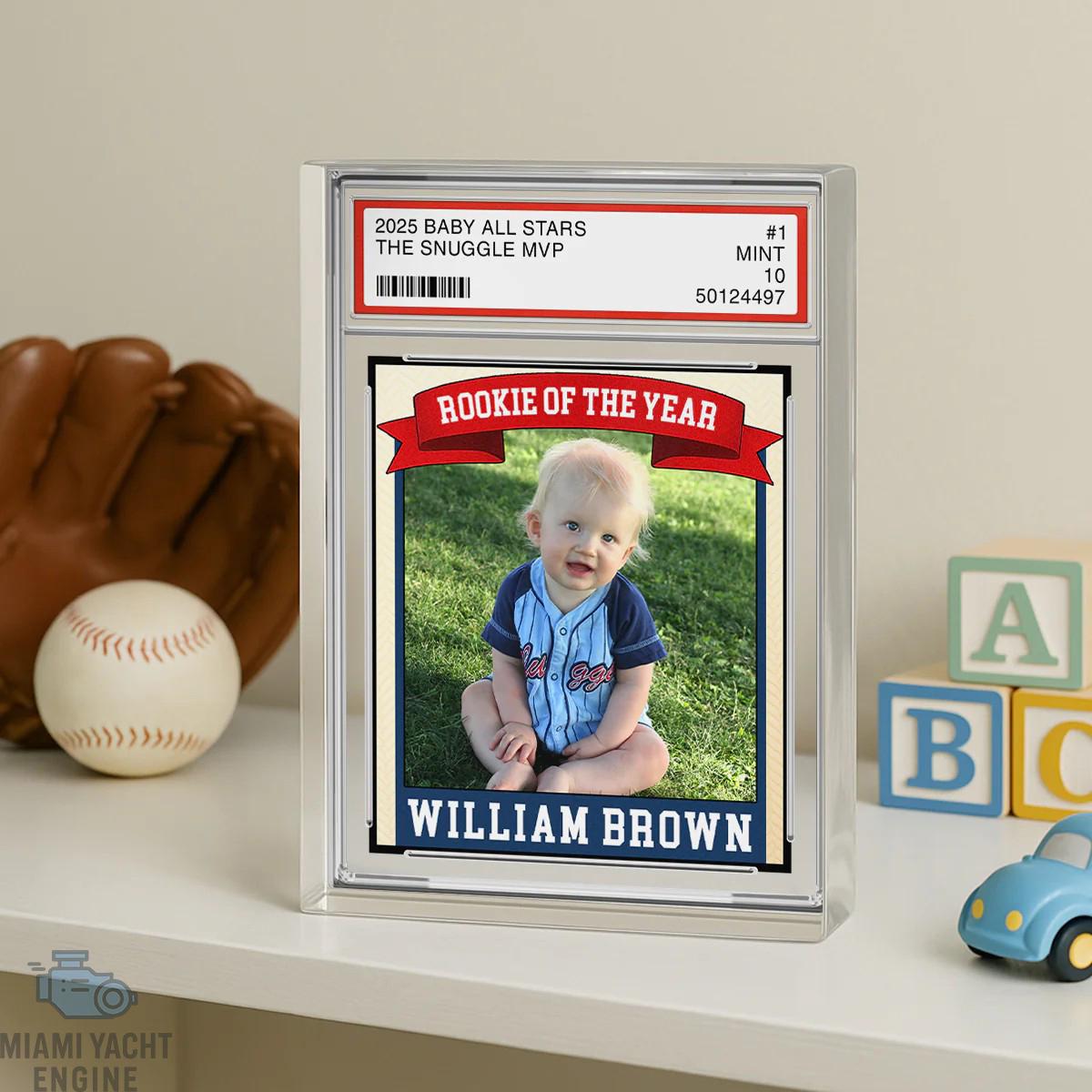 Rookie Baseball Kid All Star Plaque, Little Slugger 1st Birthday Trading Card Style Personalized Acrylic Block Keepsake Gift