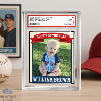 Rookie Baseball Kid All Star Plaque, Little Slugger 1st Birthday Trading Card Style Personalized Acrylic Block Keepsake Gift