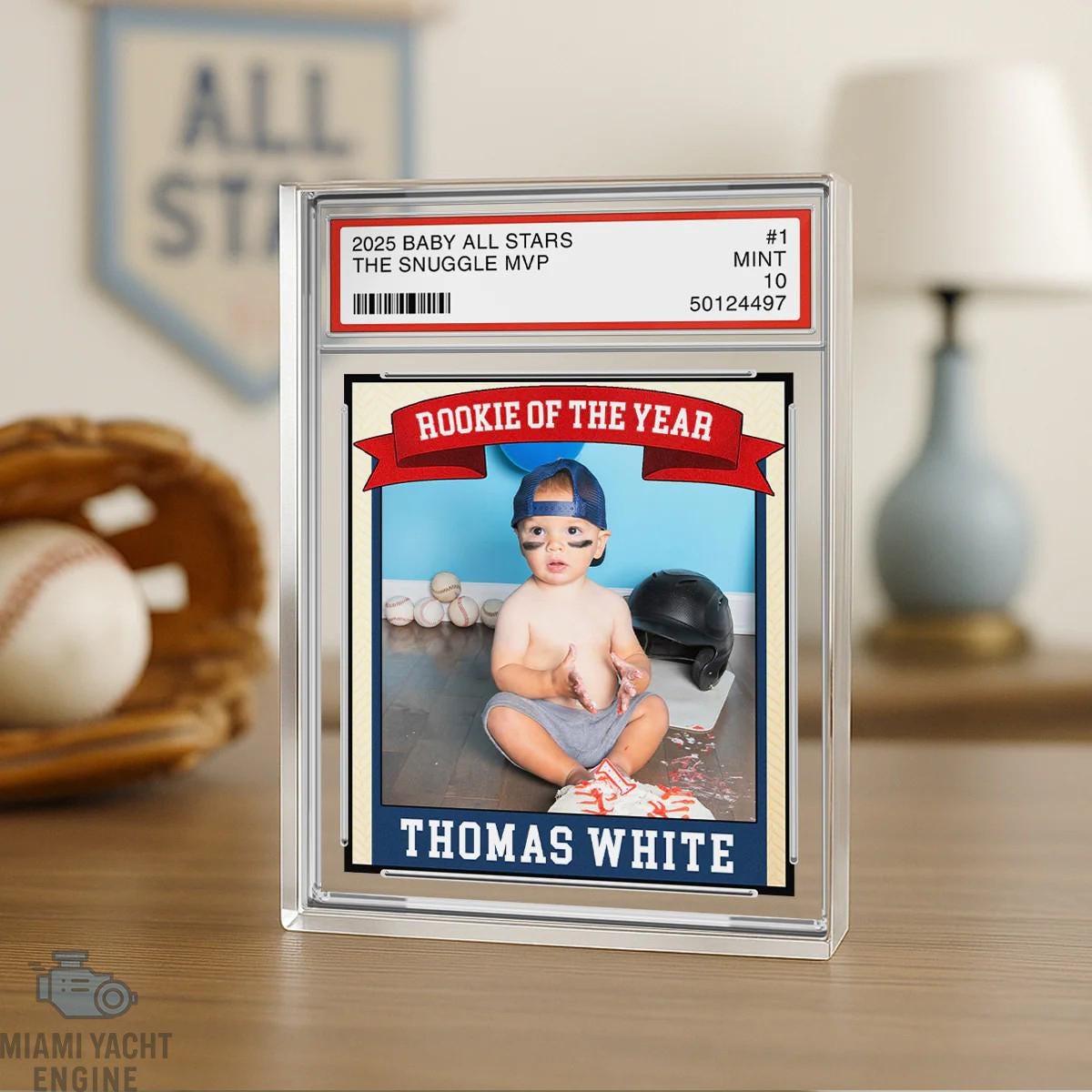 Rookie Baseball Kid All Star Plaque, Little Slugger 1st Birthday Trading Card Style Personalized Acrylic Block Keepsake Gift
