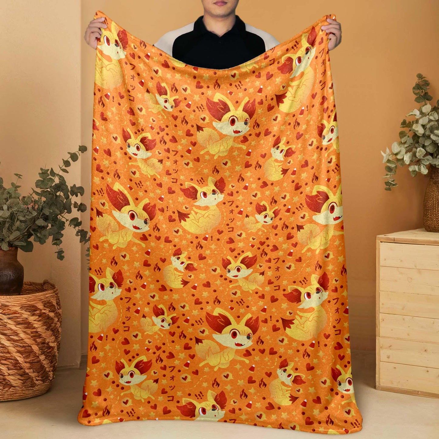 Fennekin Fleece Blanket, Cute Fire Fox Throw, Cozy Cotton Blanket, Baby Shower Gift, Kawaii Home Decor, Fennekin Blanket Gift