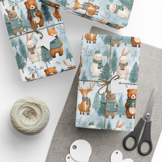 Christmas Wrapping Paper, Woodland Animals Winter Christmas Vintage Gift Wrap, Holiday Craft Supplies, Festive Gift Packaging
