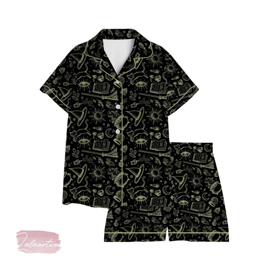 Witchy Pajama Set – Mystical Black Short Sleeve Sleepwear with Celestial and Magic Symbols, Cozy Goth Loungewear Gift
