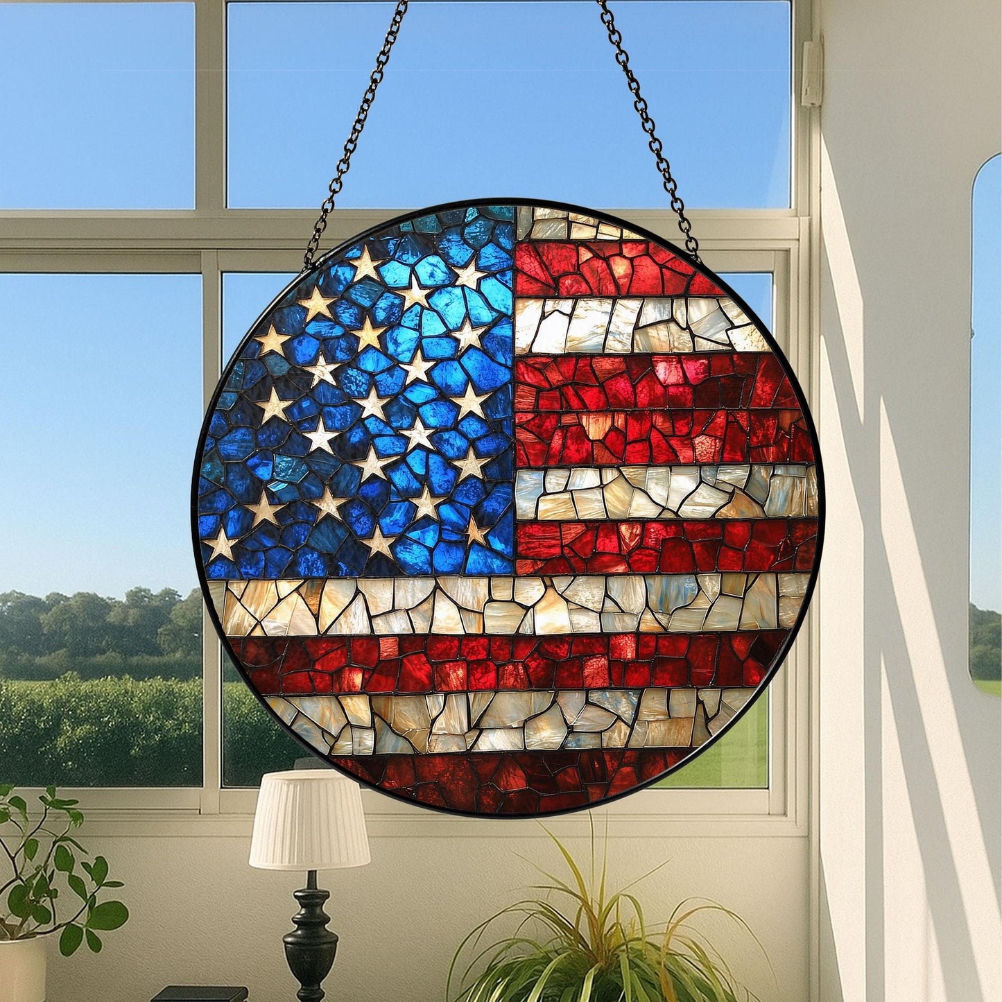 American Flag Stained Glass Suncatcher, Patriotic Window Decor, Rustic USA Theme, Veterans & Military Families, Fourth of July Gift