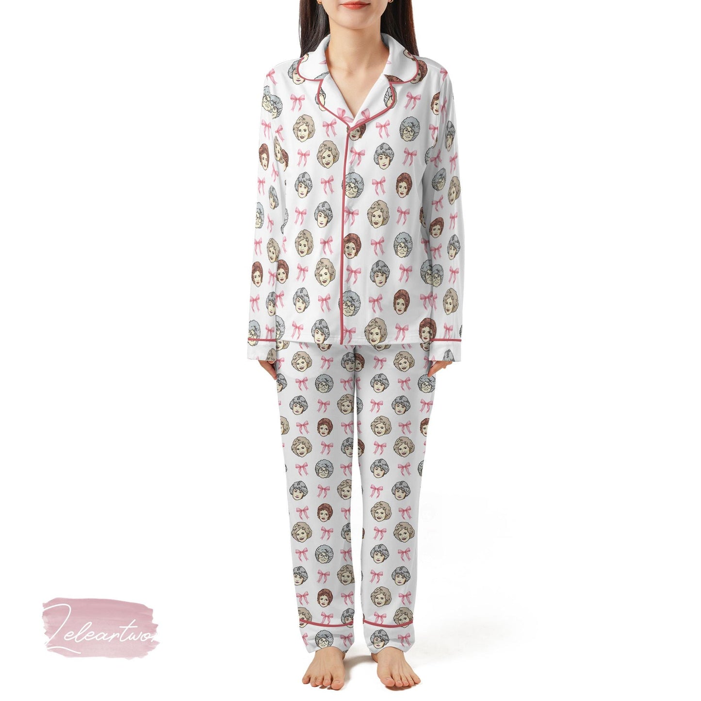 Golden Girls Coquette Set | Silky Satin Pajama Set for Women | Pink Bow Retro Sleepwear | Funny Lounge Set for Best Friends & TV Lovers