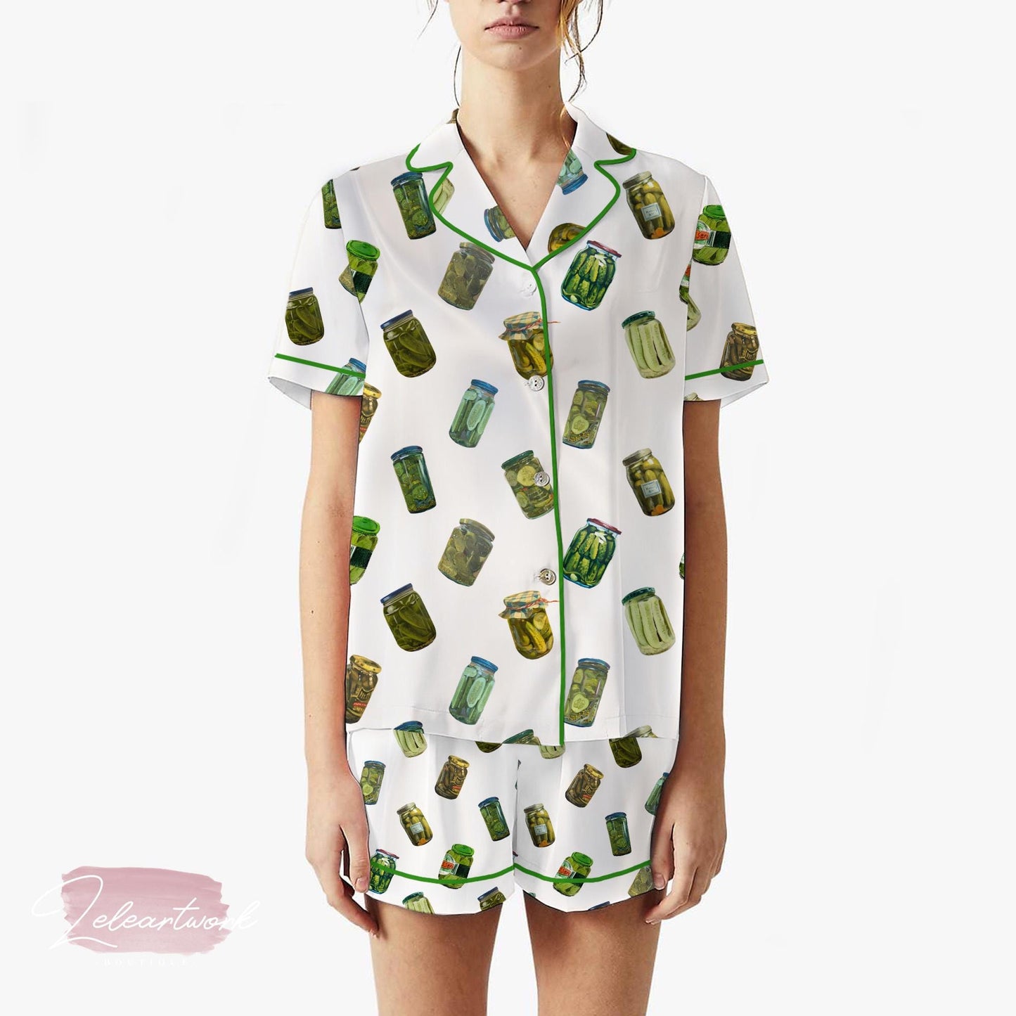 Pickle Collection | Silky Satin Pajama Set for Women | Funny Foodie Sleepwear | Pickle Jar Print PJs | Lightweight Summer Lounge Set