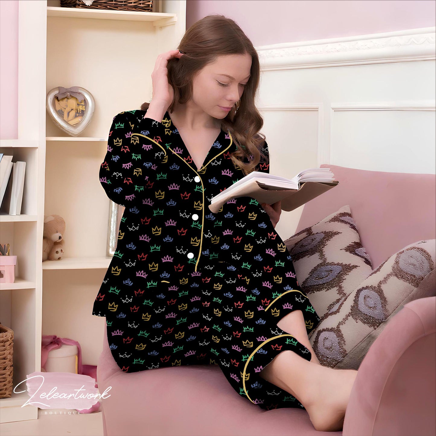 Six The Musical Broadway Set | Silky Satin Crown Print Pajama Set for Women | Queendom Sleepwear |  Theater Gift for Her