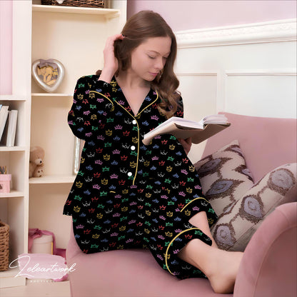 Six The Musical Broadway Set | Silky Satin Crown Print Pajama Set for Women | Queendom Sleepwear |  Theater Gift for Her