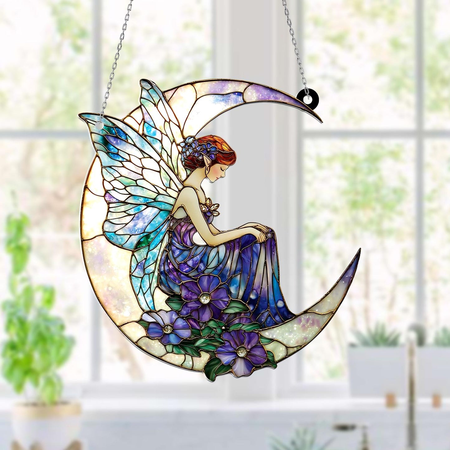Moon Fairy Window Hanging, Crescent Celestial Decor with Purple Flowers, Fantasy Fairycore Accent, Mystical Dreamy Art, Spiritual Gift