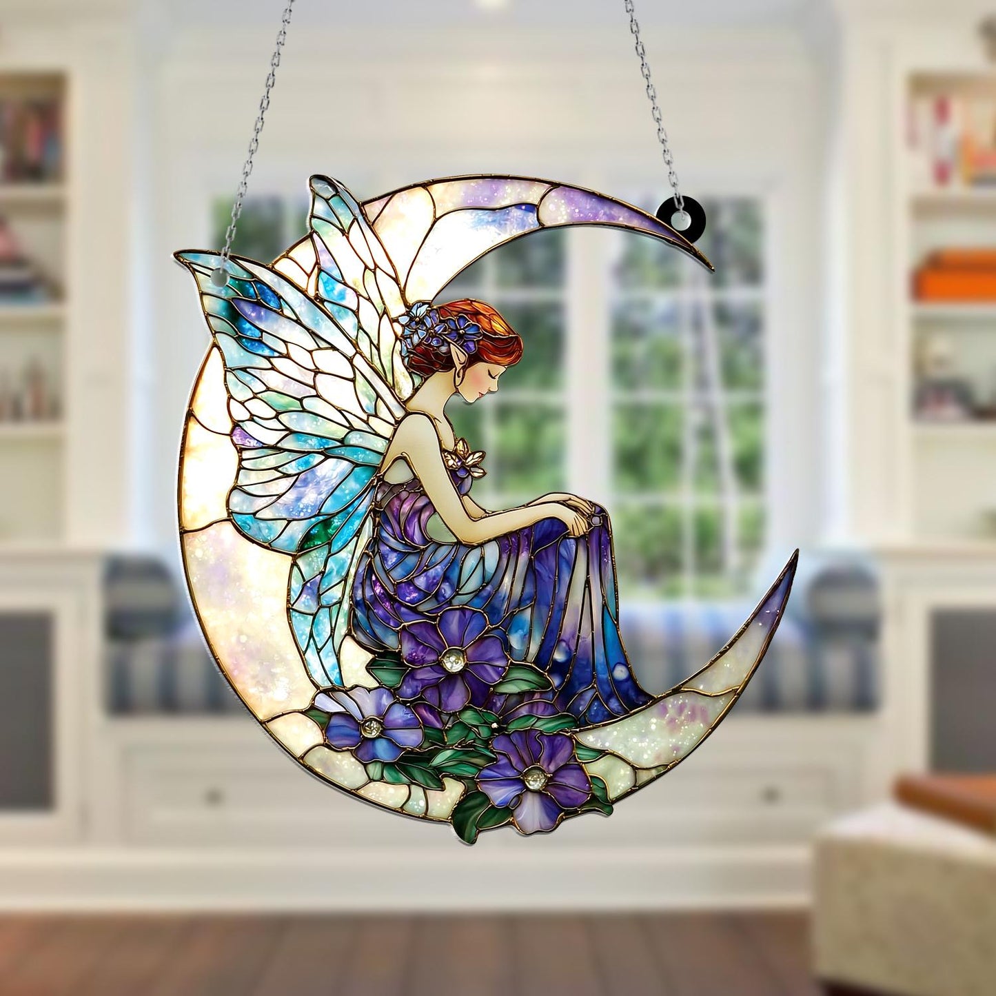 Moon Fairy Window Hanging, Crescent Celestial Decor with Purple Flowers, Fantasy Fairycore Accent, Mystical Dreamy Art, Spiritual Gift