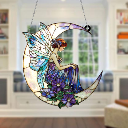 Moon Fairy Window Hanging, Crescent Celestial Decor with Purple Flowers, Fantasy Fairycore Accent, Mystical Dreamy Art, Spiritual Gift