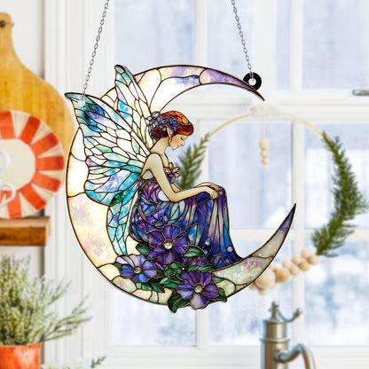 Moon Fairy Window Hanging, Crescent Celestial Decor with Purple Flowers, Fantasy Fairycore Accent, Mystical Dreamy Art, Spiritual Gift