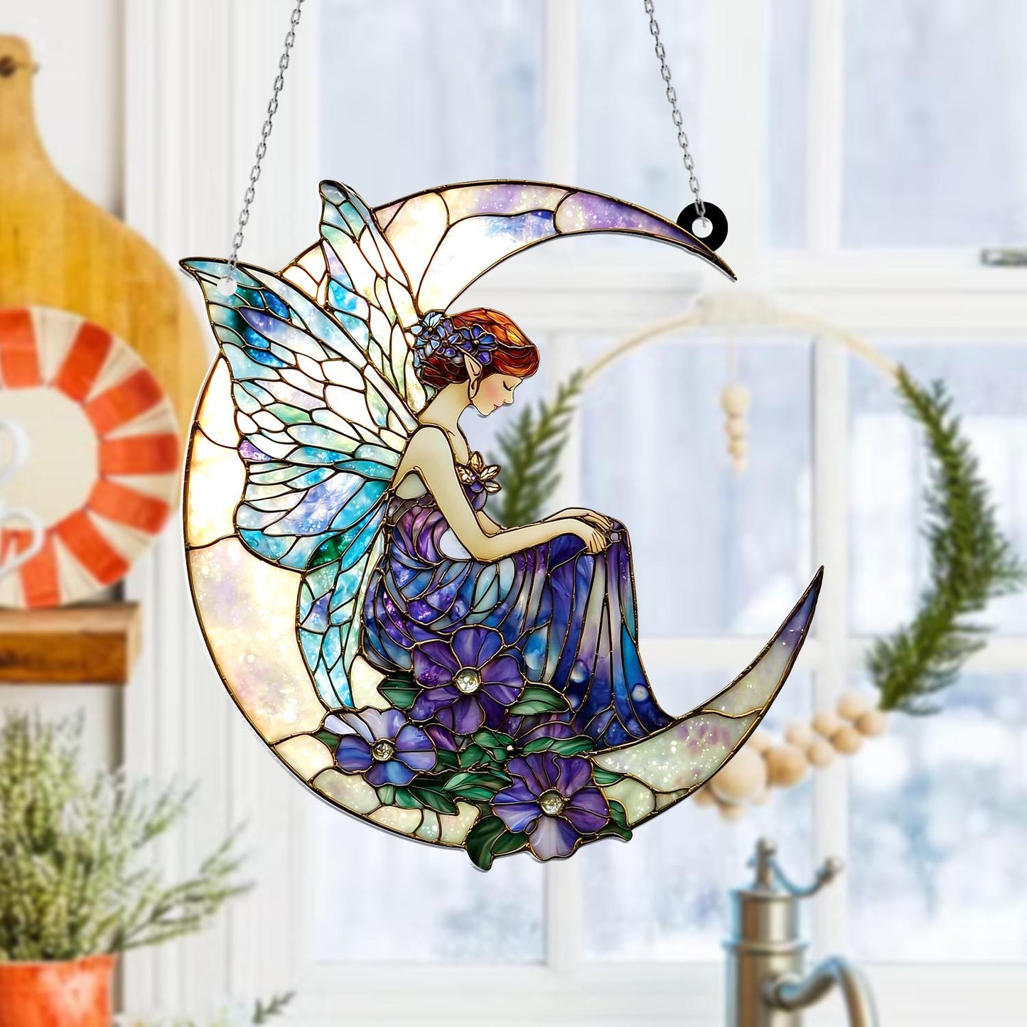Moon Fairy Window Hanging, Crescent Celestial Decor with Purple Flowers, Fantasy Fairycore Accent, Mystical Dreamy Art, Spiritual Gift