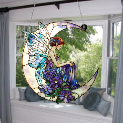 Moon Fairy Window Hanging, Crescent Celestial Decor with Purple Flowers, Fantasy Fairycore Accent, Mystical Dreamy Art, Spiritual Gift