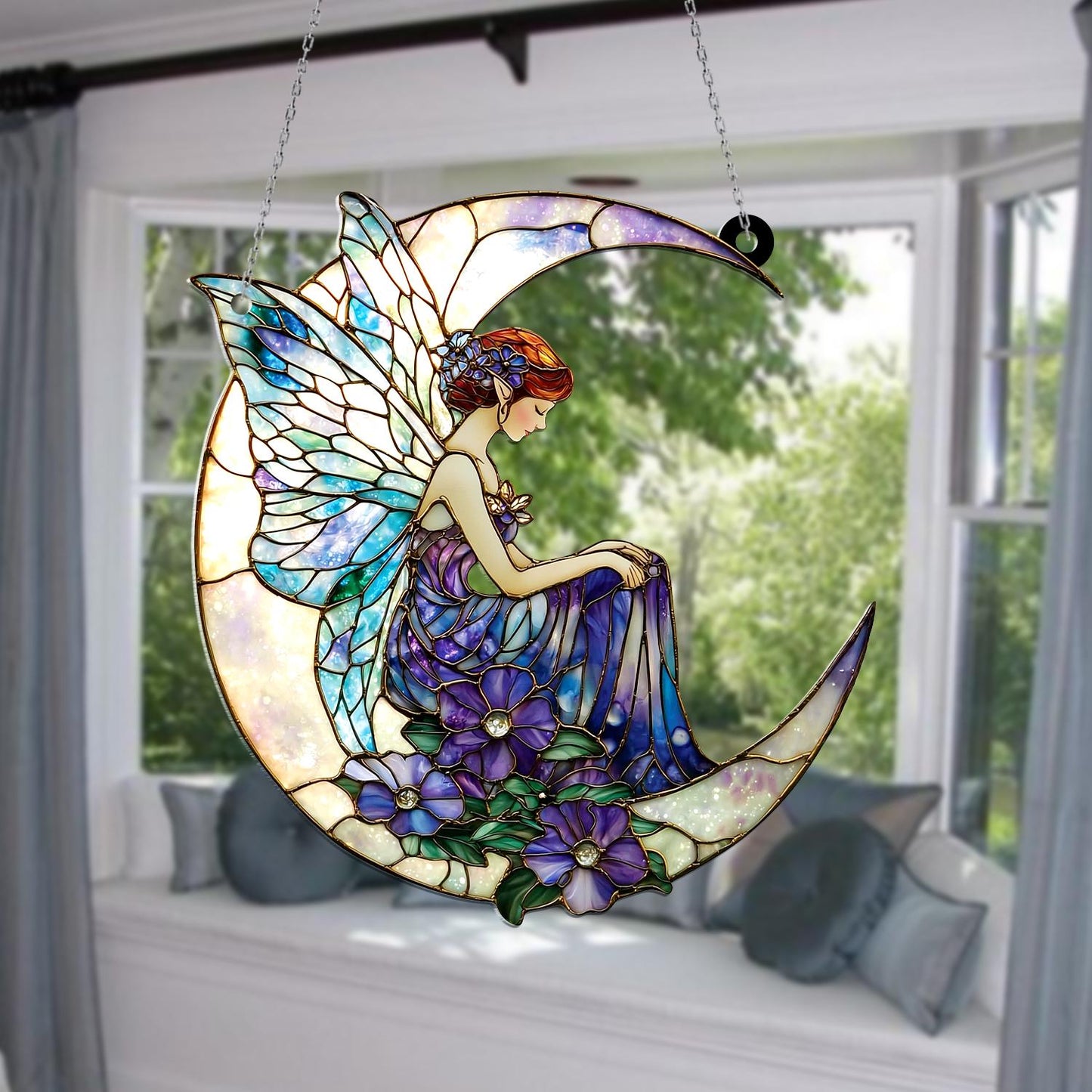 Moon Fairy Window Hanging, Crescent Celestial Decor with Purple Flowers, Fantasy Fairycore Accent, Mystical Dreamy Art, Spiritual Gift