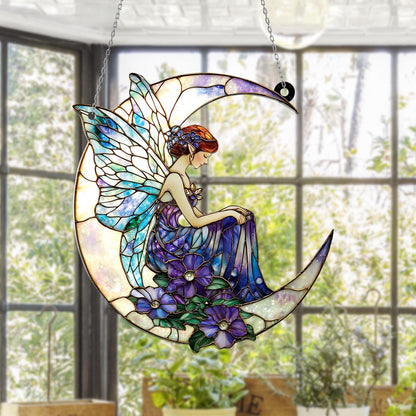 Moon Fairy Window Hanging, Crescent Celestial Decor with Purple Flowers, Fantasy Fairycore Accent, Mystical Dreamy Art, Spiritual Gift