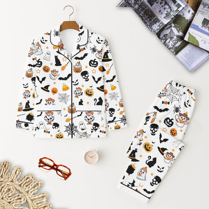 Halloween Pattern Pajamas Set, Ghost Black Cat Pumpkin Bat Spider Skull Homewear, Spooky Season Sleepwear, Fall Season Matching Set