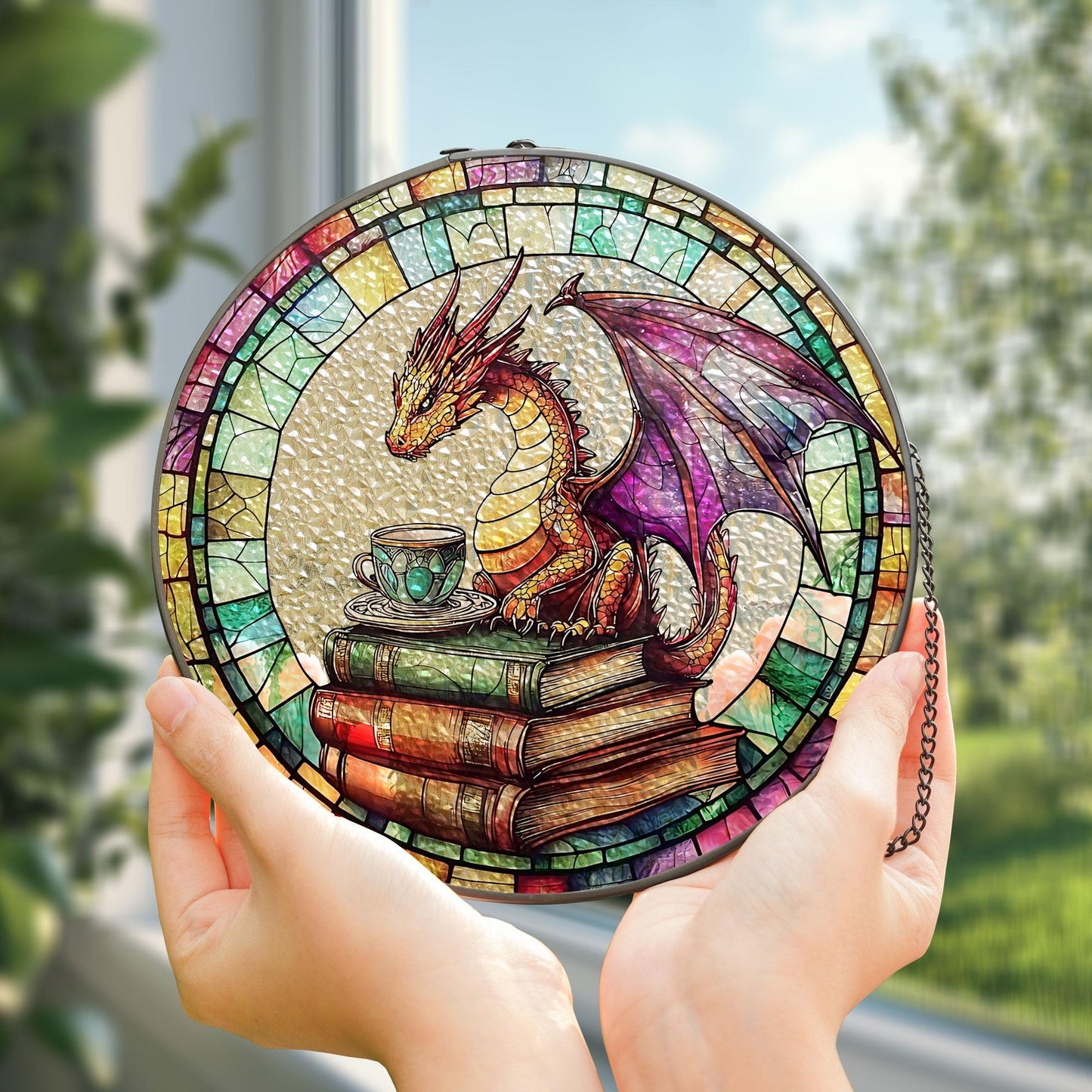 Dragon and Book Tea Suncatcher, Dragon Glass Suncacther, Fantasy Reader Ornament, Perfect Literary Gift for Book Lovers, Gift For Readers