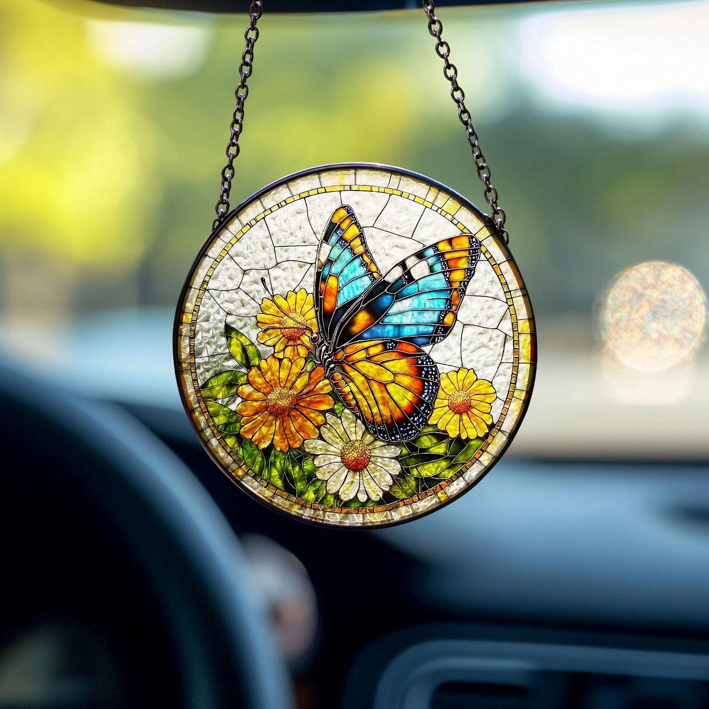 Butterfly With Flower Stained Glass Suncatcher, Monarch Butterfly Decor, Butterfly Lover Gift, Daisy Light Catcher, Gift For Gardener