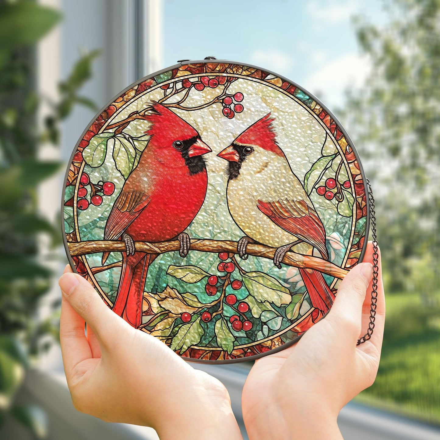 Cardinal Glass Suncatcher, Bird Glass Art, Memorial Suncatcher, Cardinal Lover Gift, Bird Wall Hanging, Gift For Couple, Anniversary Gift