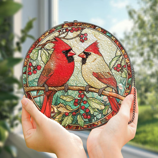Cardinal Glass Suncatcher, Bird Glass Art, Memorial Suncatcher, Cardinal Lover Gift, Bird Wall Hanging, Gift For Couple, Anniversary Gift