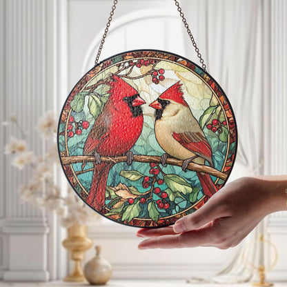Cardinal Glass Suncatcher, Bird Glass Art, Memorial Suncatcher, Cardinal Lover Gift, Bird Wall Hanging, Gift For Couple, Anniversary Gift