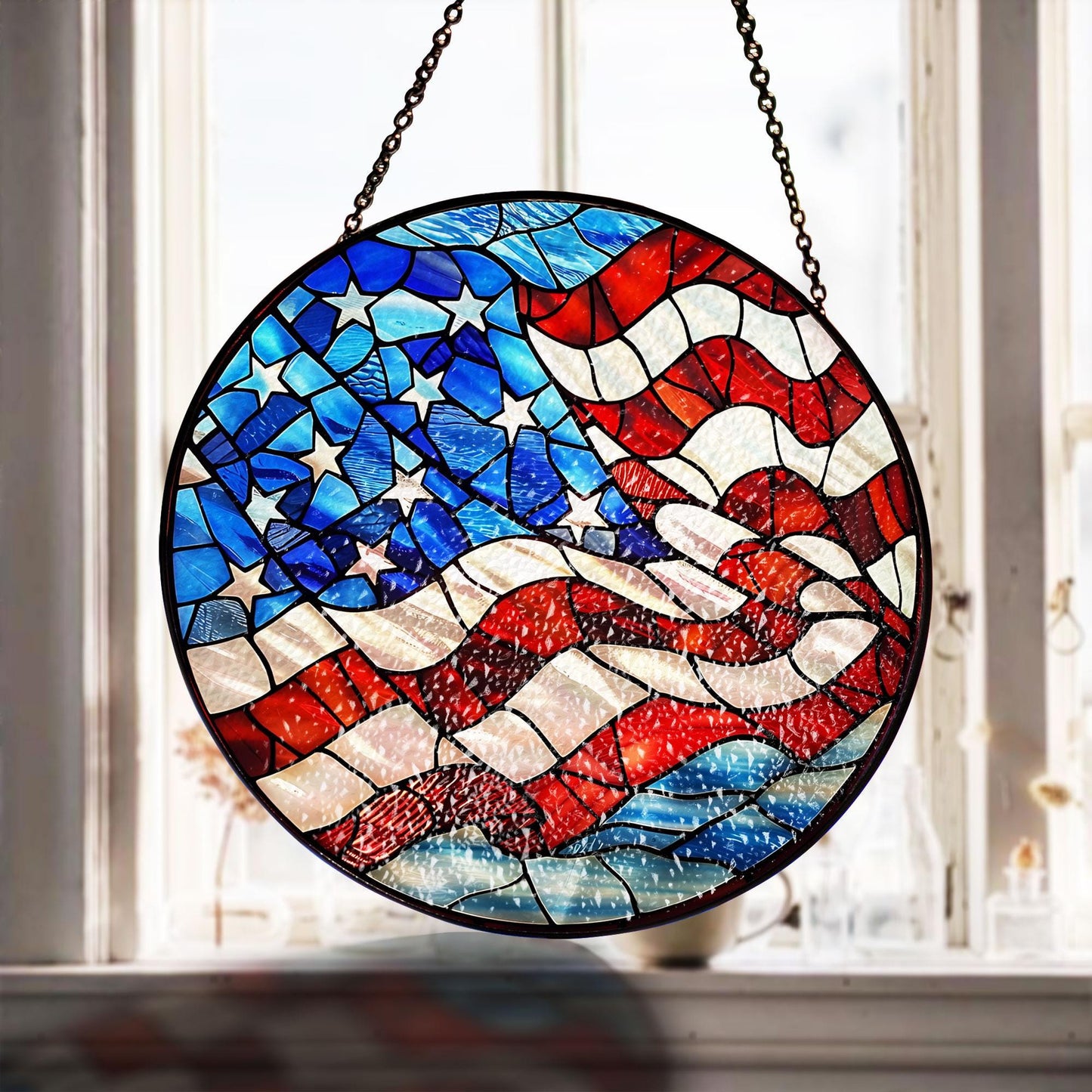 American Flag Stained Glass Suncatcher, Patriotic Window Decor, Rustic USA Theme, Veterans & Military Families, Fourth of July Gift