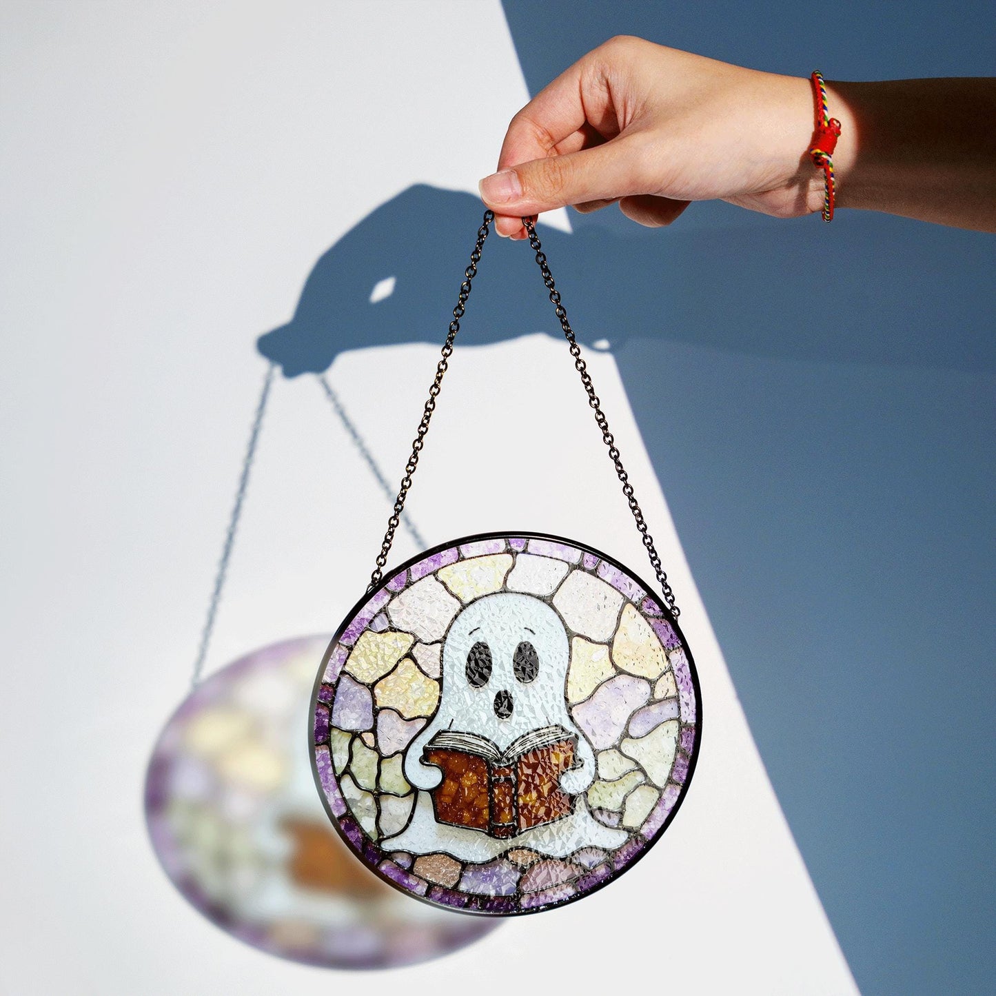 Cute ghost reading a book art stained glass window suncatcher mystical light gift for bookworms halloween friends