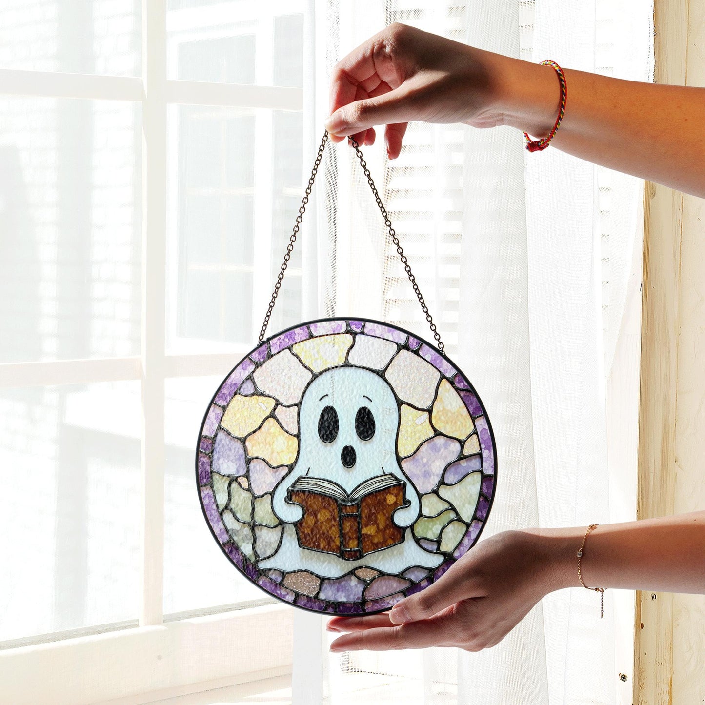 Cute ghost reading a book art stained glass window suncatcher mystical light gift for bookworms halloween friends